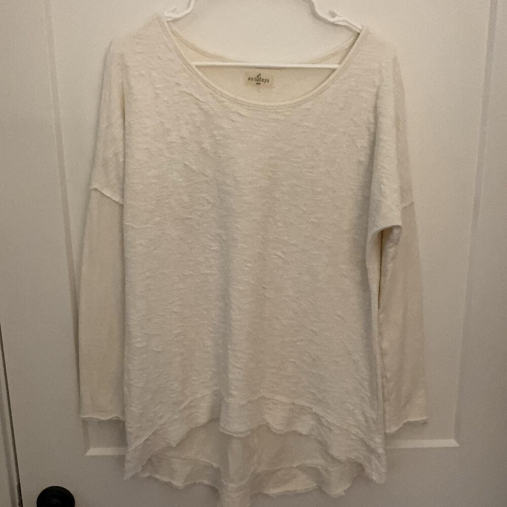 Sundays Tunic T Shirt One Size White Slub High Low Hem Long Sleeve USA Lagenlook